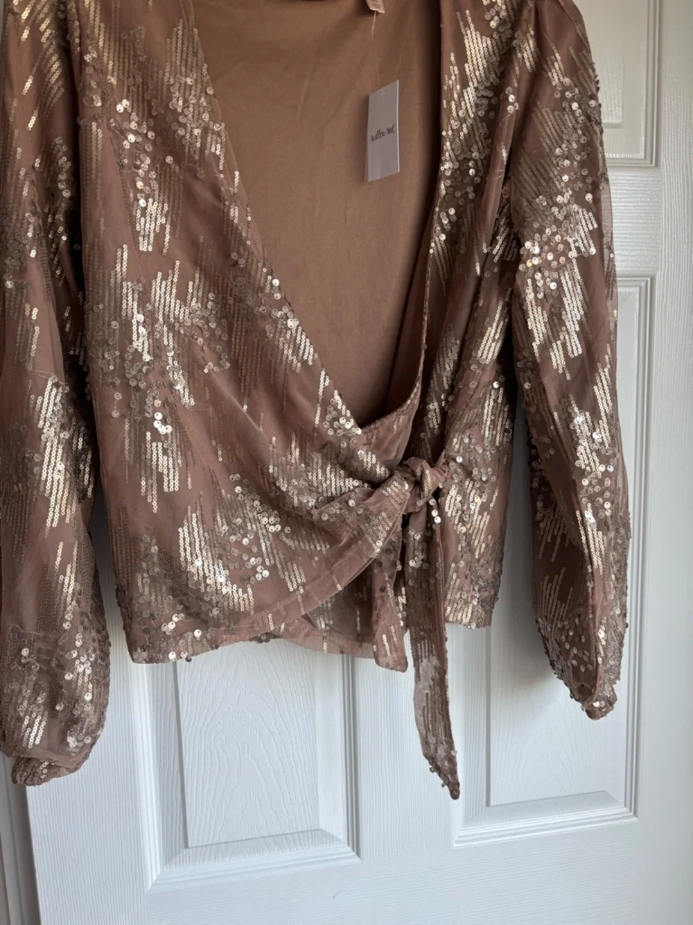 Sequin Taupe Wrap Blouse with Tie Front - Picture 2 of 5